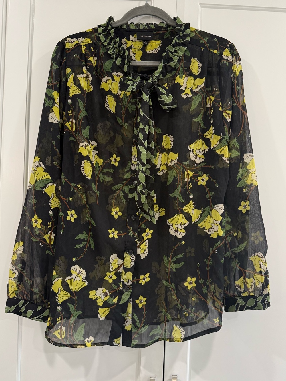 Who What Wear Black Sheer Floral Tie-Neck Blouse with Yellow & Green Print